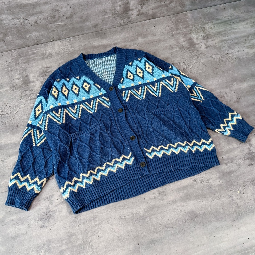 Y2K's 00's Navy Blue Geometric Aztec Cable Knit Button Oversize Cardigan Sweater